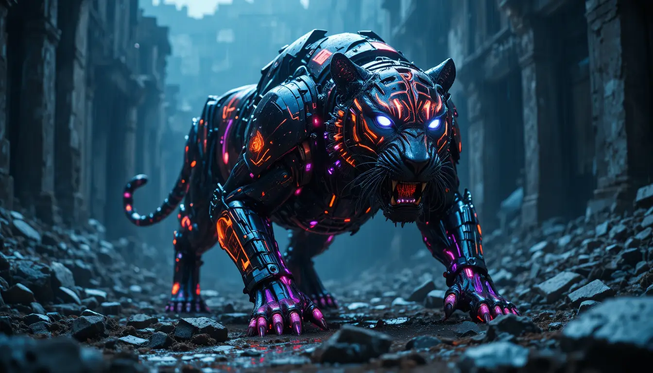 Cybernetic tiger prowling through rain soaked ancient ruins