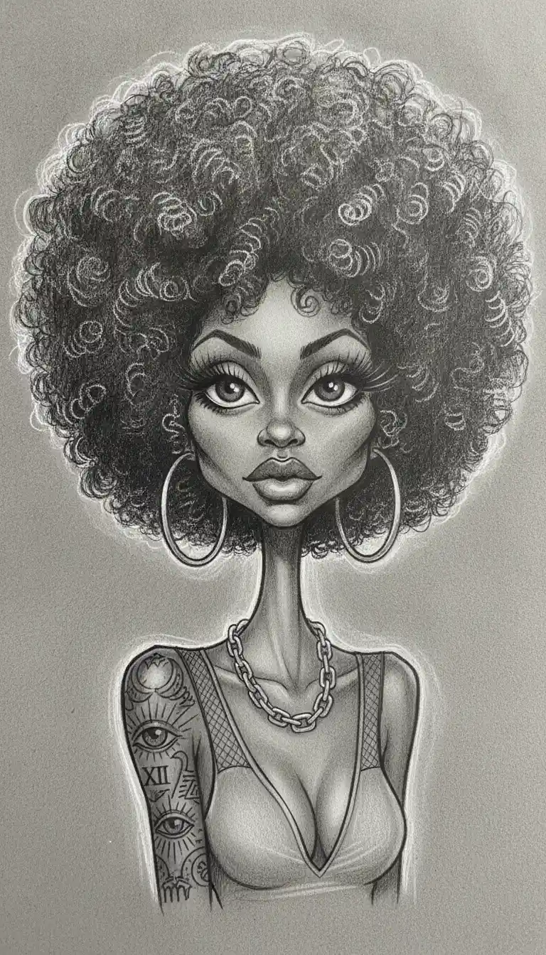 Stylized graphite portrait of woman with massive curly afro