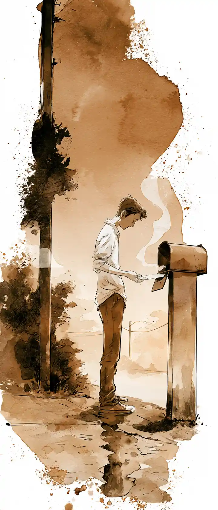 Young man mailing a letter at dusk in watercolor
