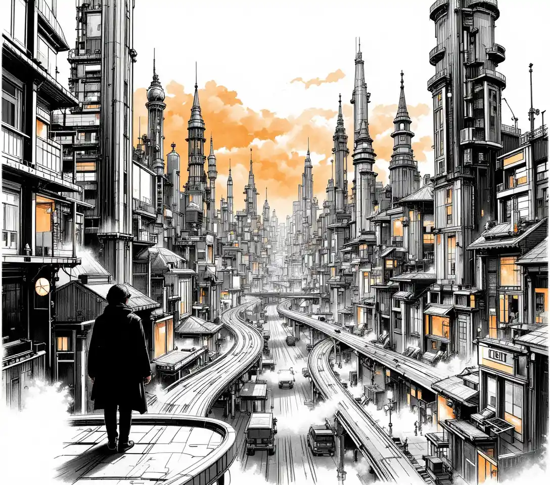 Vast futuristic cityscape at dusk with solitary balcony figure
