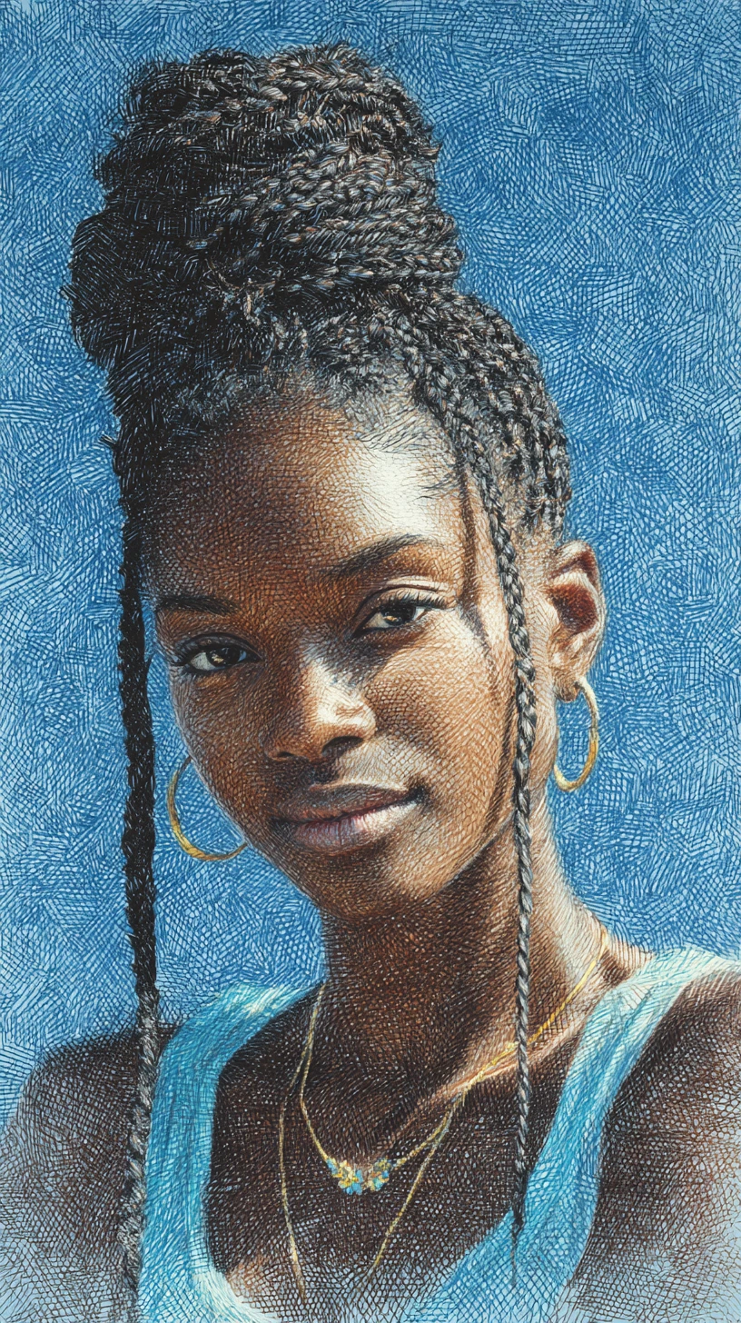 Colored pencil portrait of a young woman with braided hair