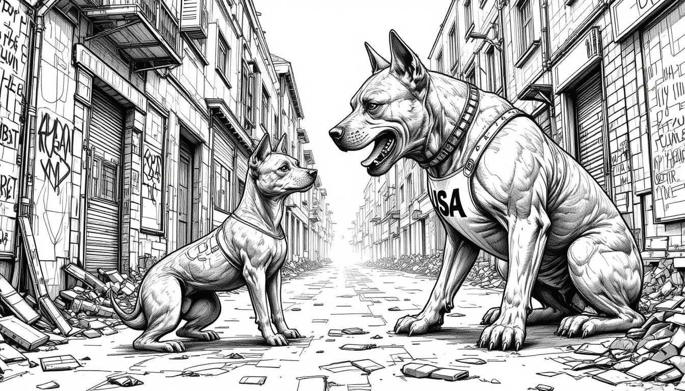 Snarling terrier confronts cowering shepherd in grim alley