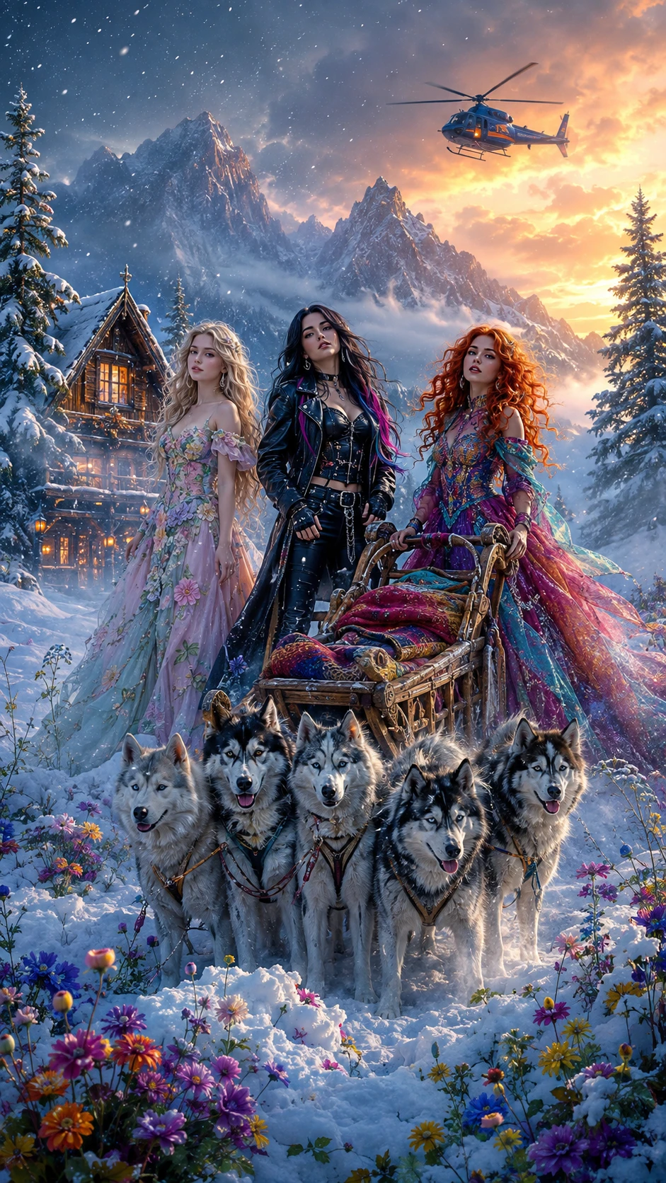 Tre ragazze fantasy in un paese delle meraviglie tra le montagne innevate