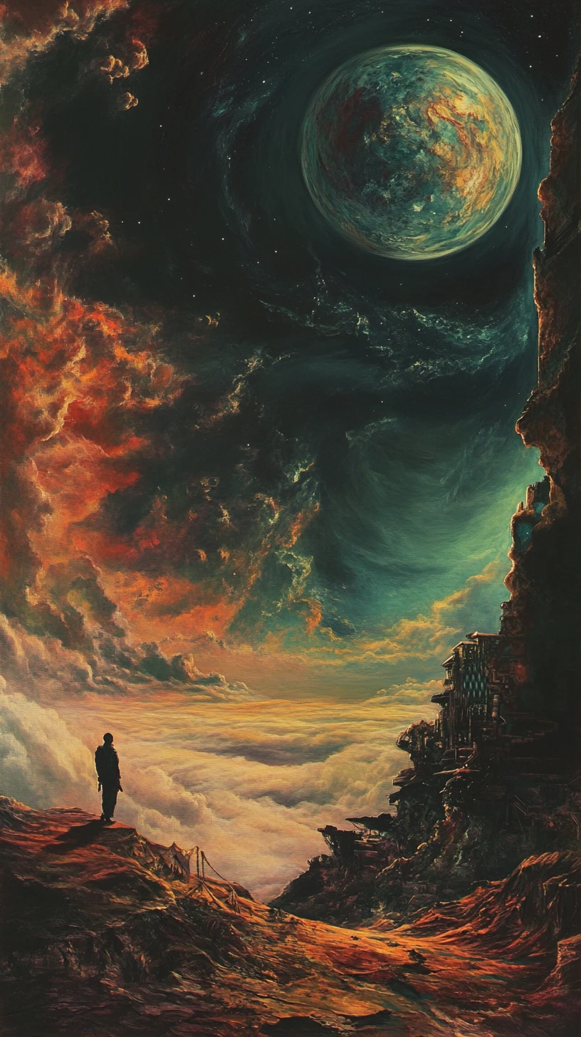 Man haunted by abstract visions in surreal space