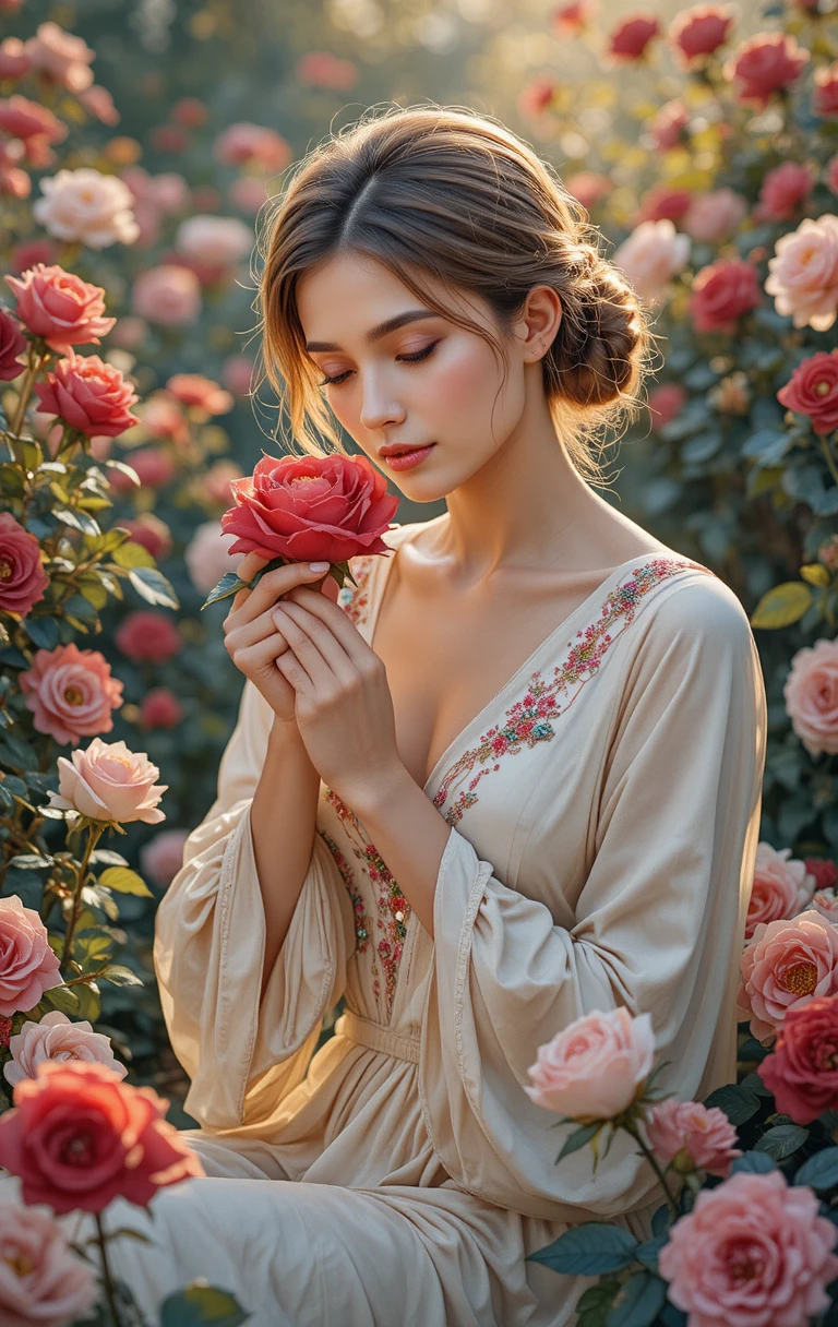 Mature woman caressing red rose in a lush summer garden