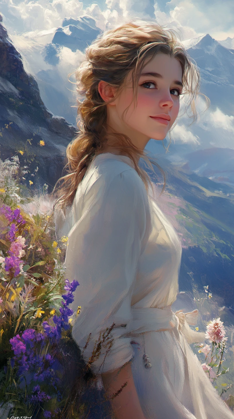 Young woman in a dreamy vintage alpine mountain landscape