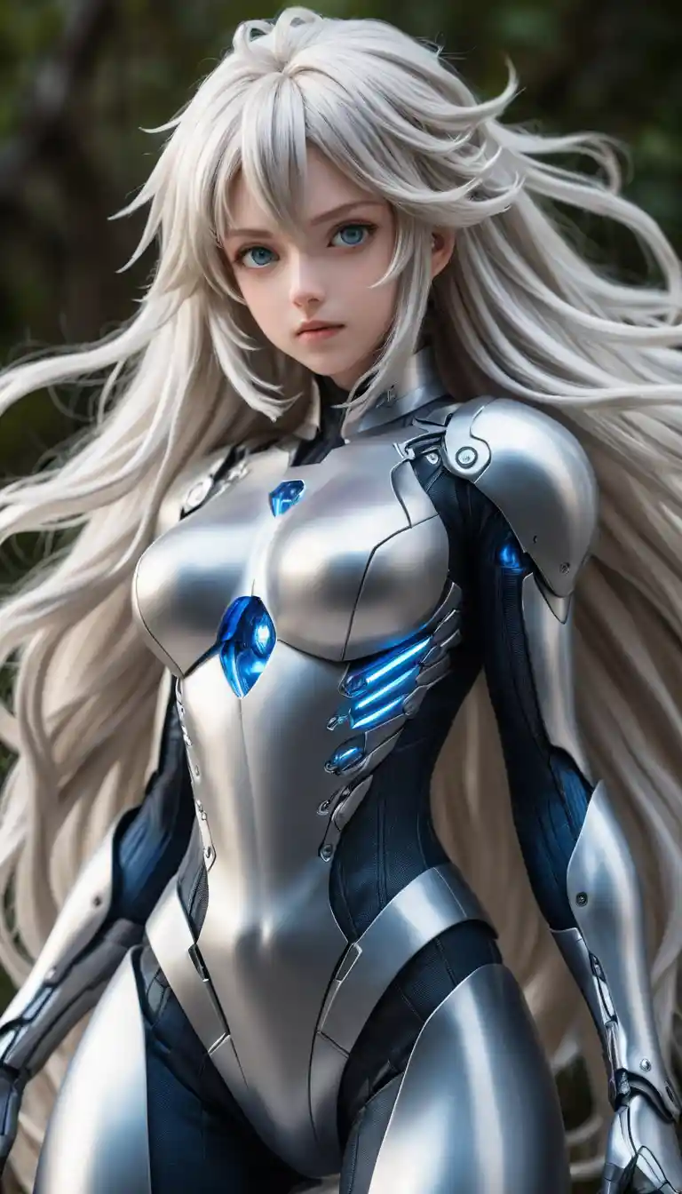 Confident anime heroine with bright blue eyes in dynamic pose
