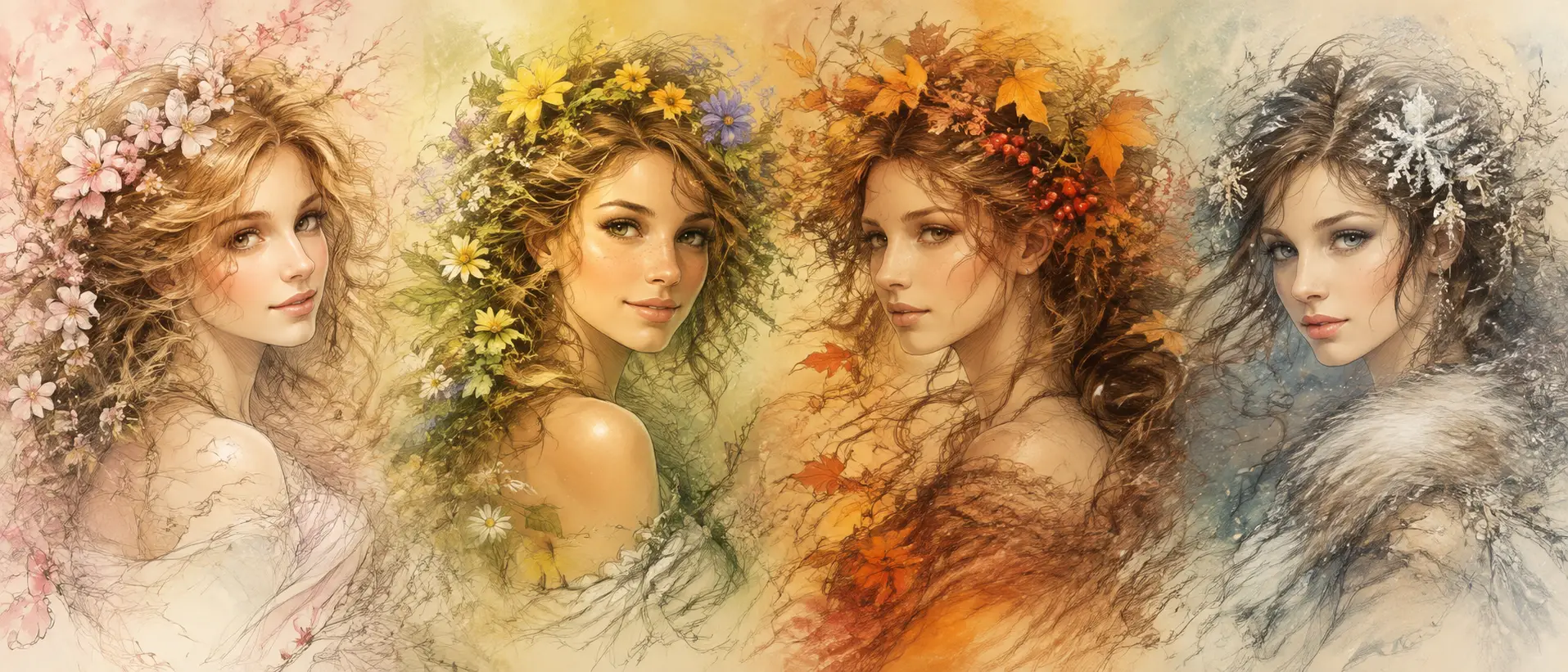 Ritratti femminili fantasy come le quattro stagioni a colori