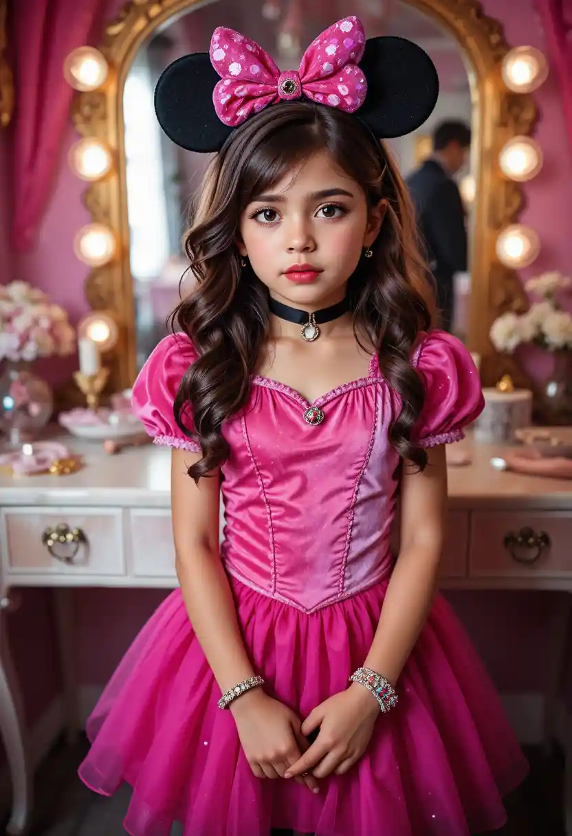 Tween boy in princess costume at pink bedroom vanity