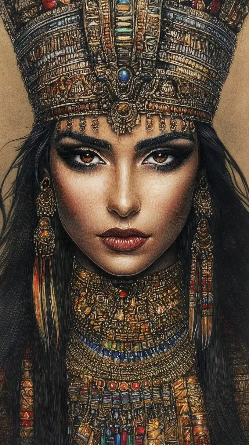 Regal colored pencil portrait of an ancient Egyptian queen