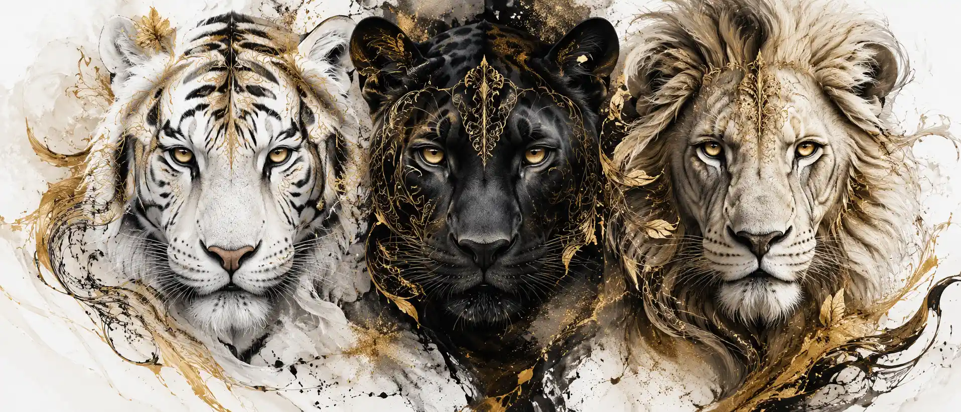 Fantasy big cat faces framed with gold ornamental patterns