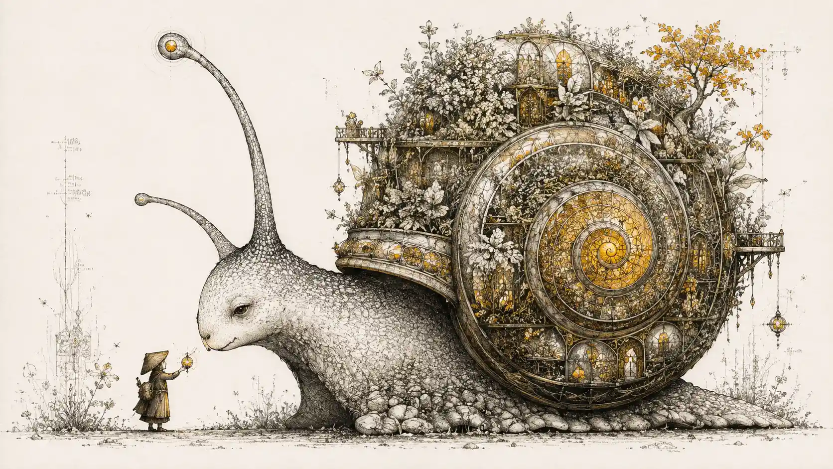 Tiny traveler resting inside a giant snail shell sanctuary