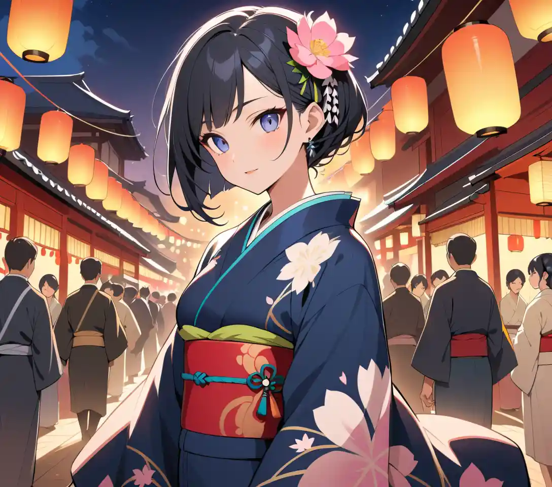 Elegant Japanese woman in kimono at night festival
