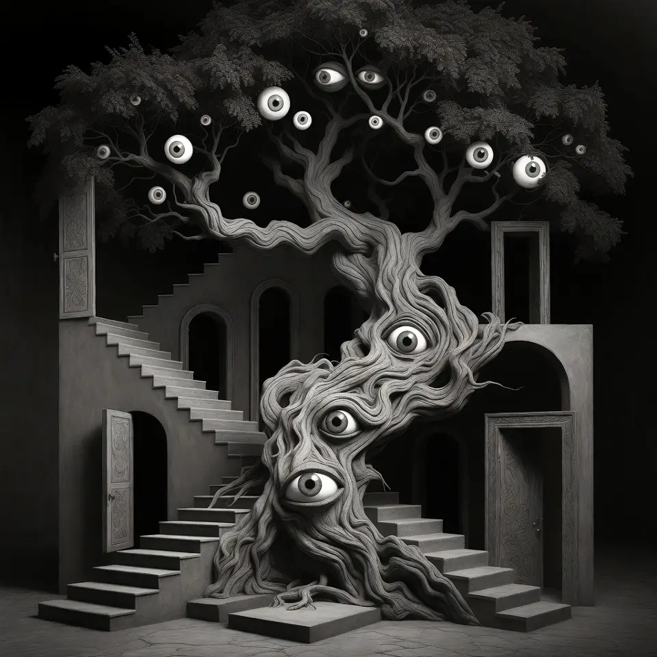 Arbre surréaliste aux yeux brillants sur structure monochrome torsadée
