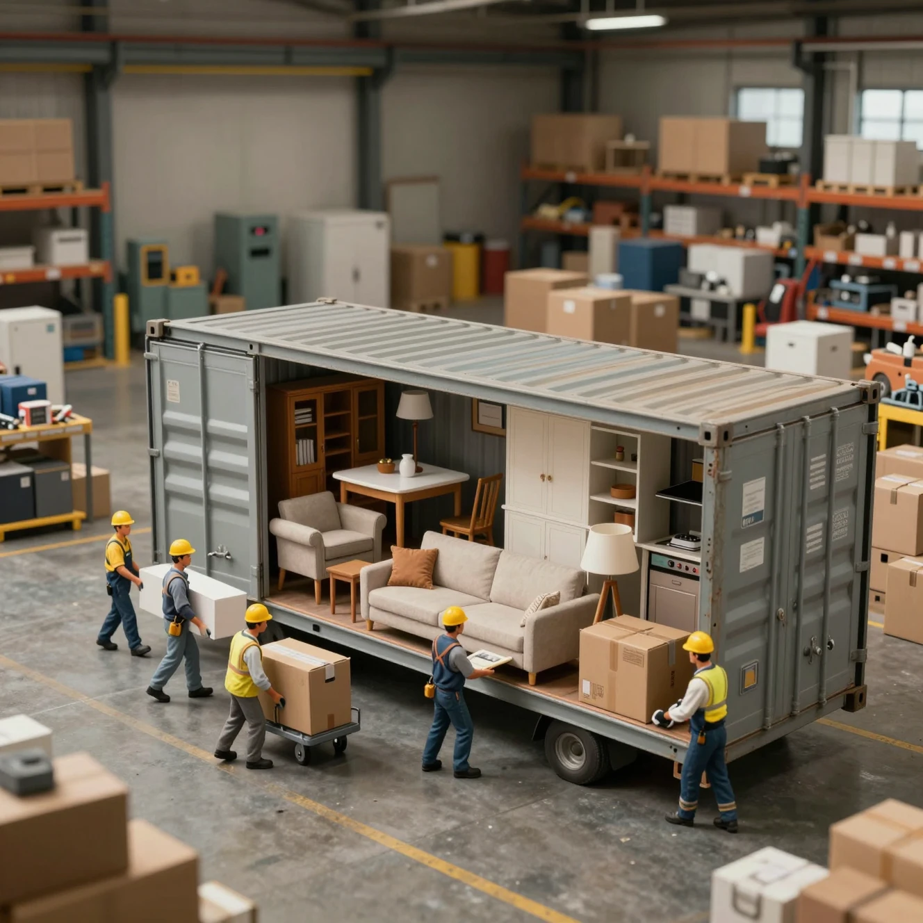 Miniature workers unloading furniture in a vast warehouse