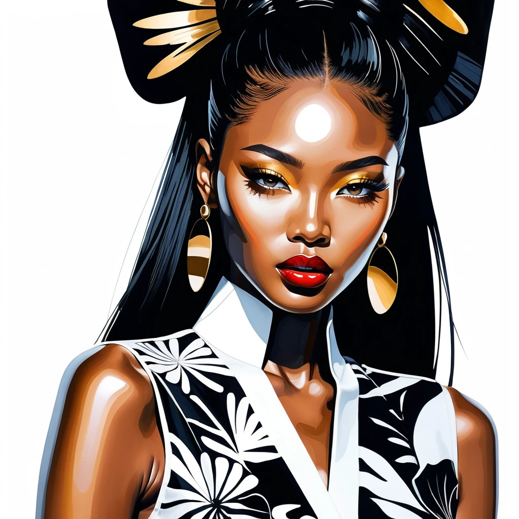 Surreal ink portrait of a fashion woman with intense gaze