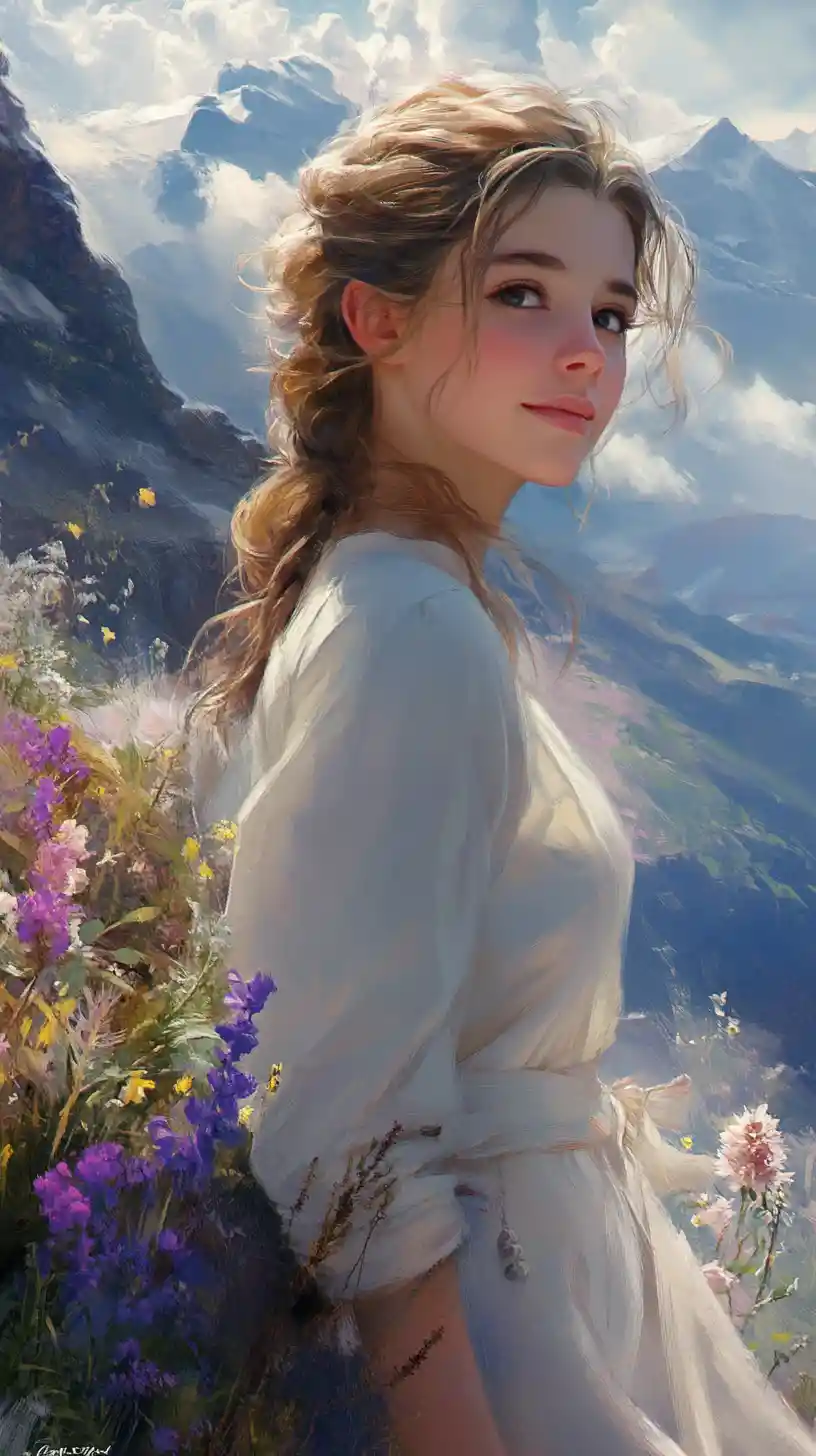 Young woman in a dreamy vintage alpine mountain landscape