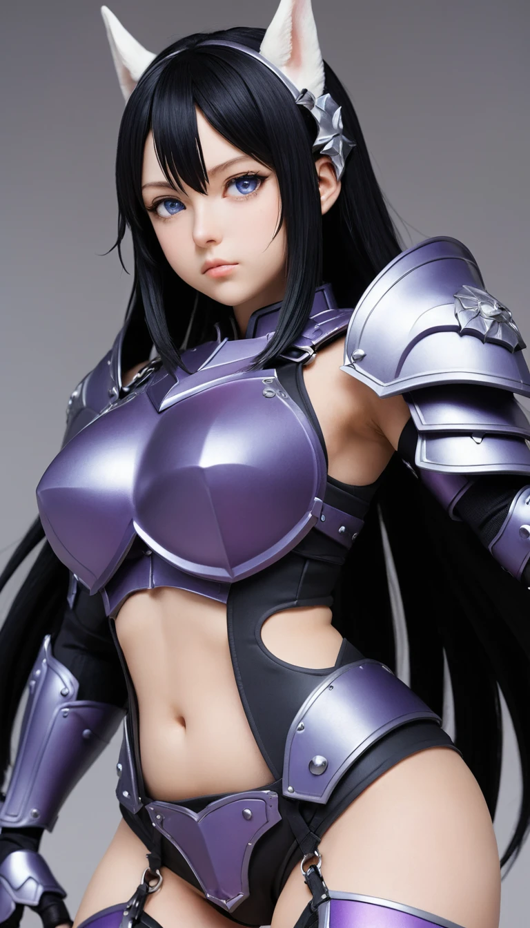 Close up anime girl with dog ears in dark purple armor
