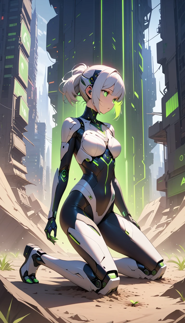 Cybernetic woman planting a glowing seed in ruined city