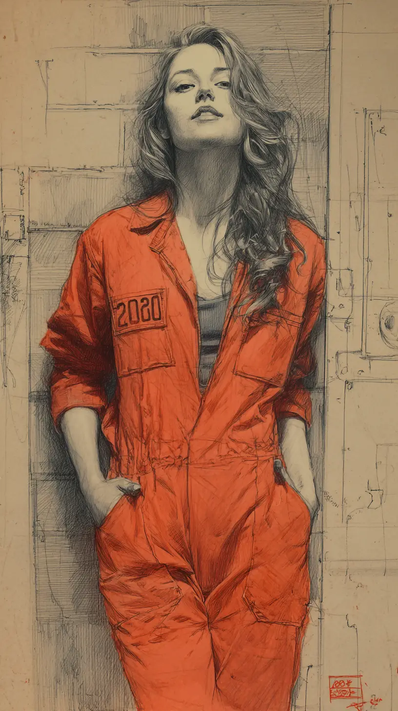 Confident young woman in jumpsuit inside a prison cell