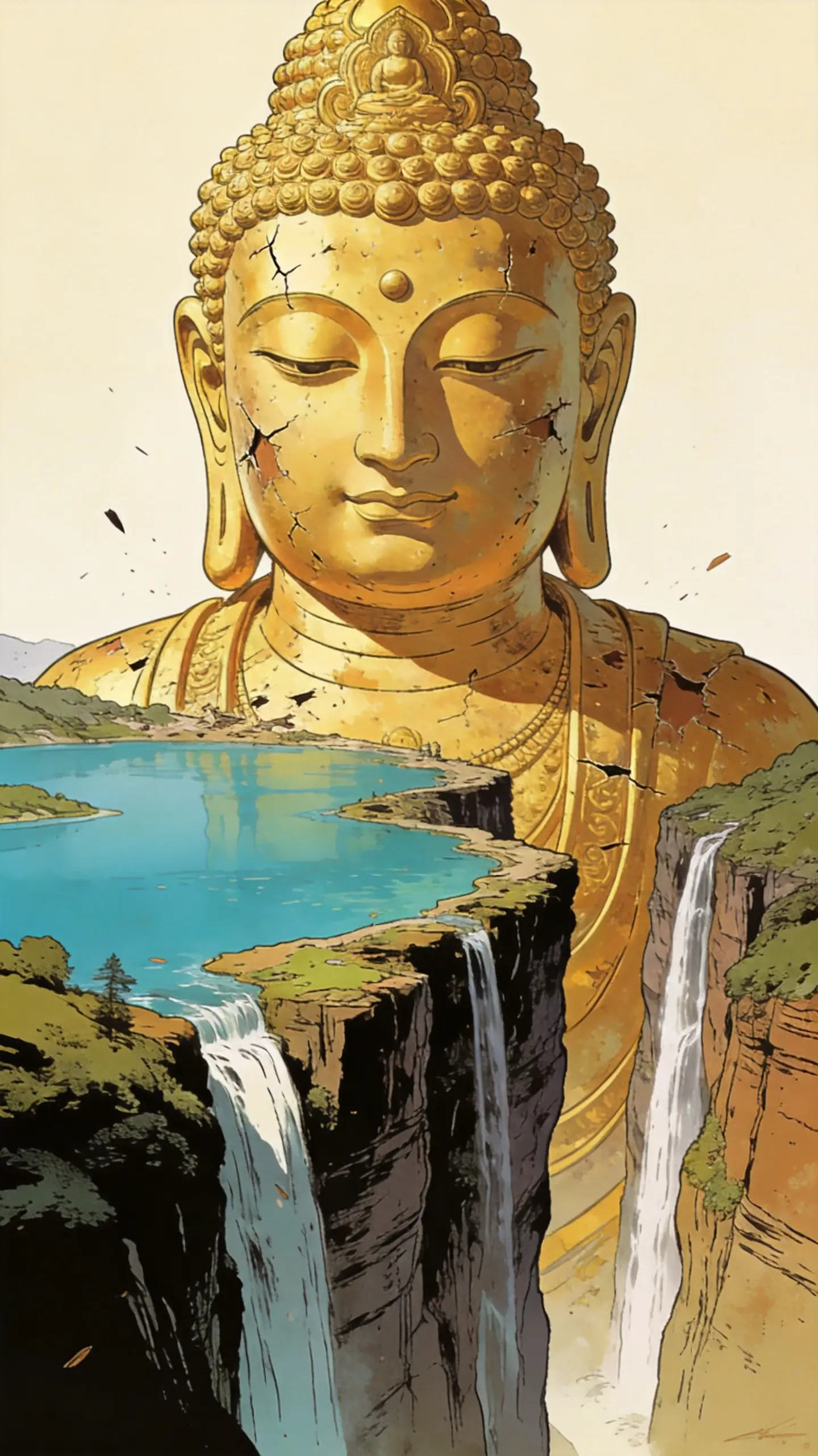 Giant Golden Buddha Statue Above A Cliffside Mountain Lake