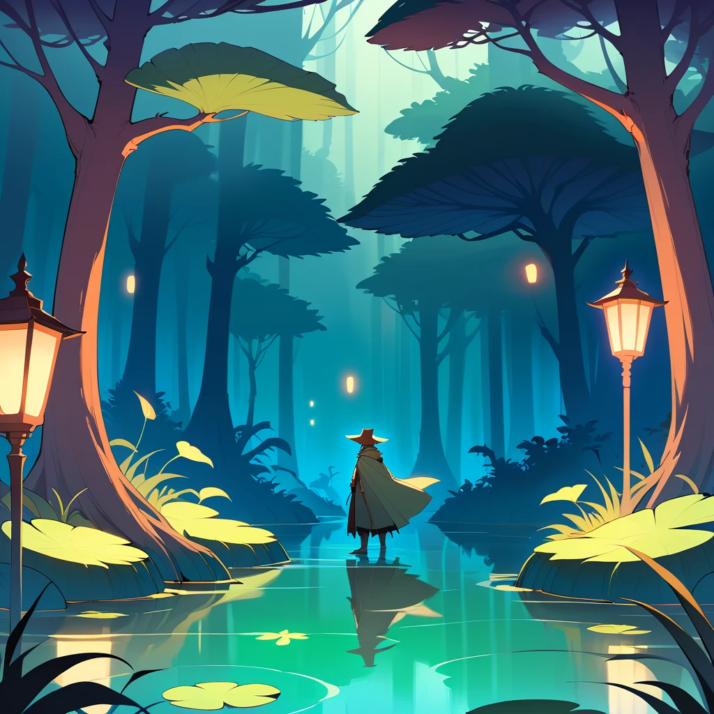 Lone Cowboy With Lantern Walking Through Misty Swamp