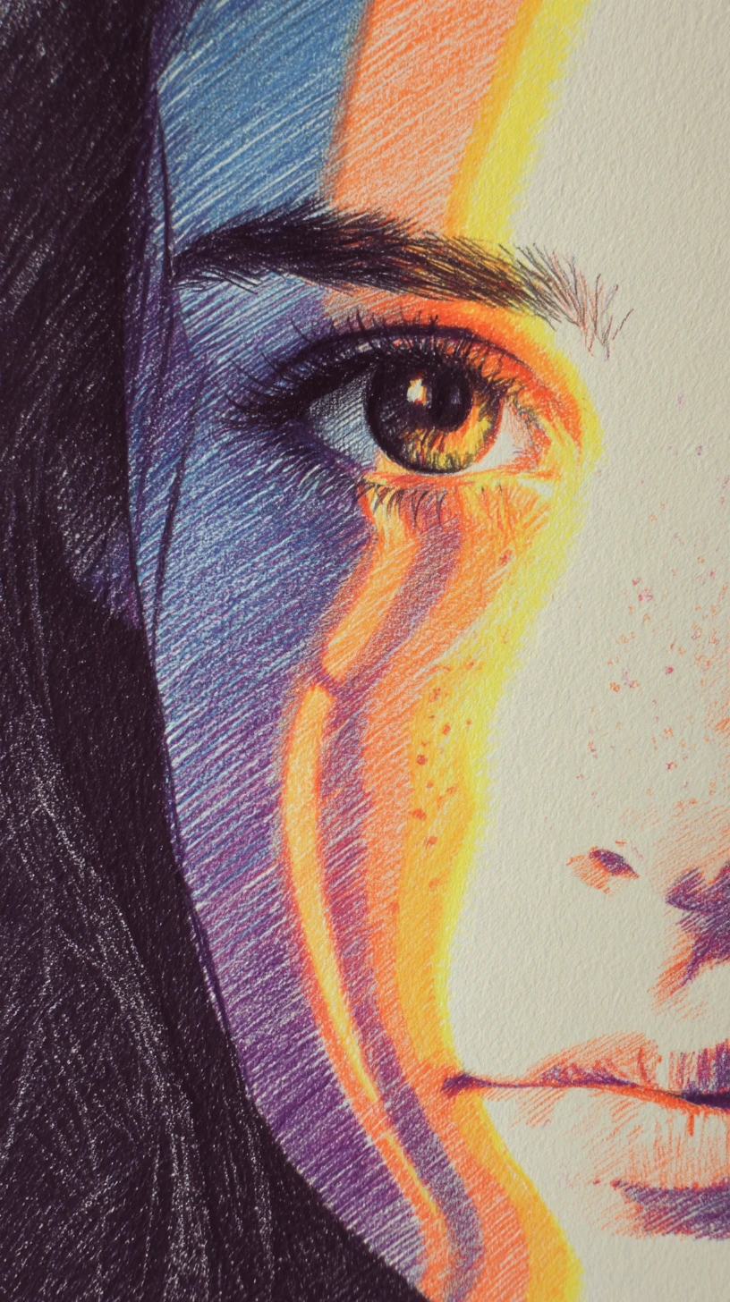 Close up color pencil portrait of freckled young woman