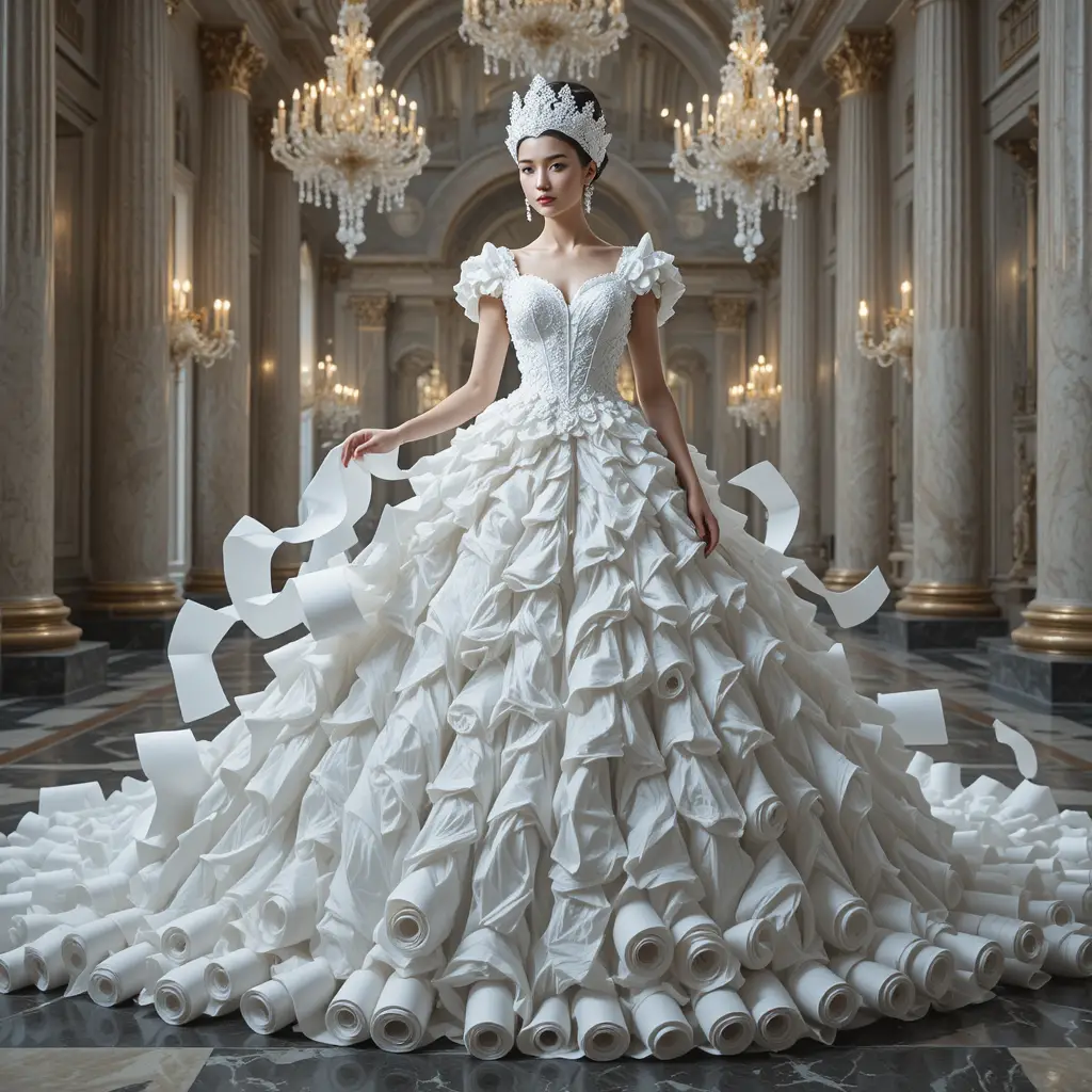Royal toilet paper gown in a grand palace ballroom