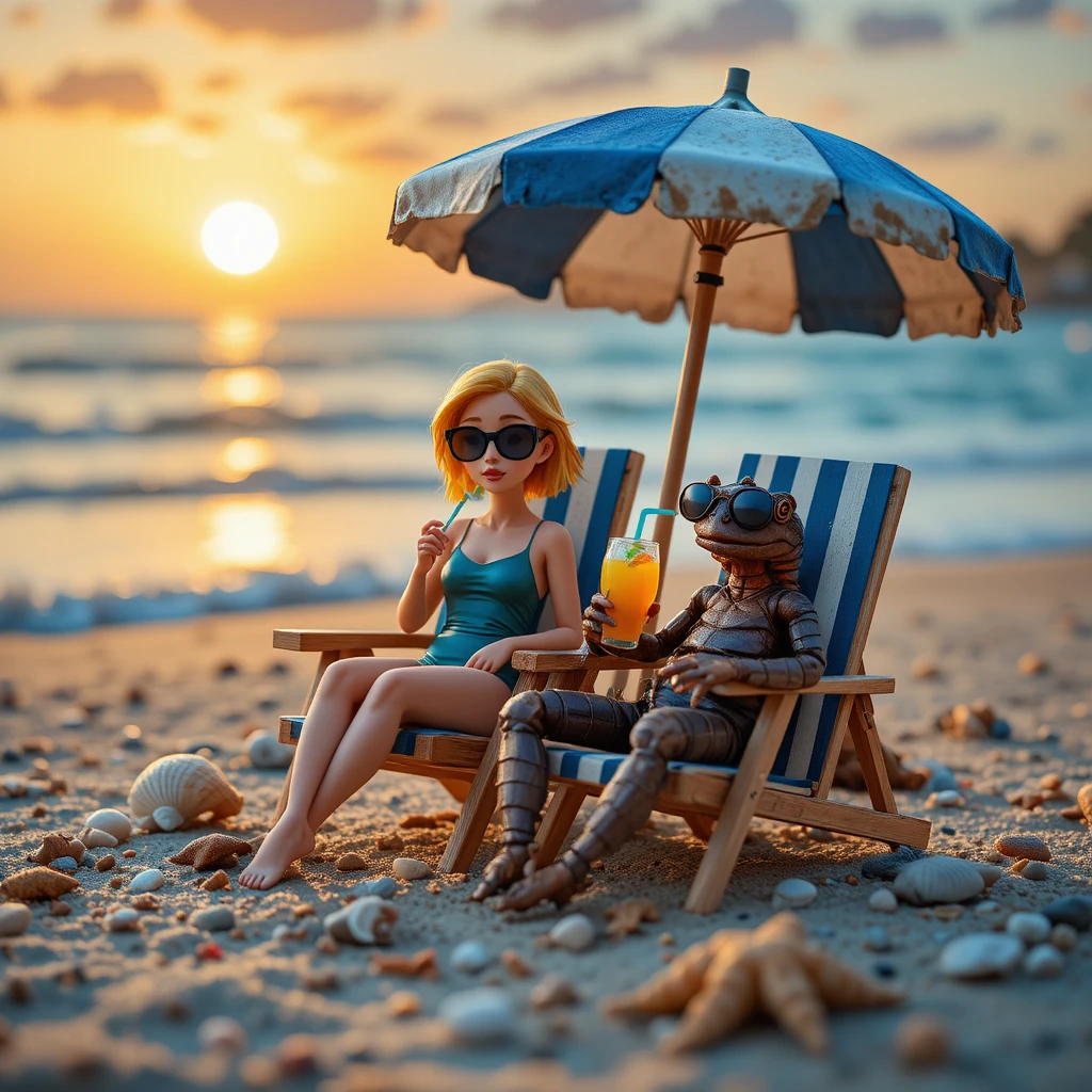 Miniature woman and scorpion relaxing on a sunset beach