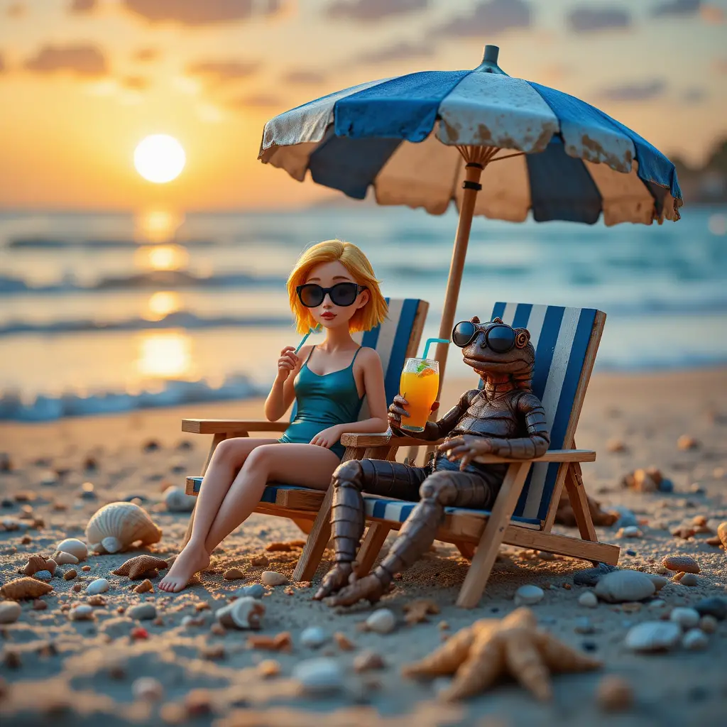 Miniature woman and scorpion relaxing on a sunset beach