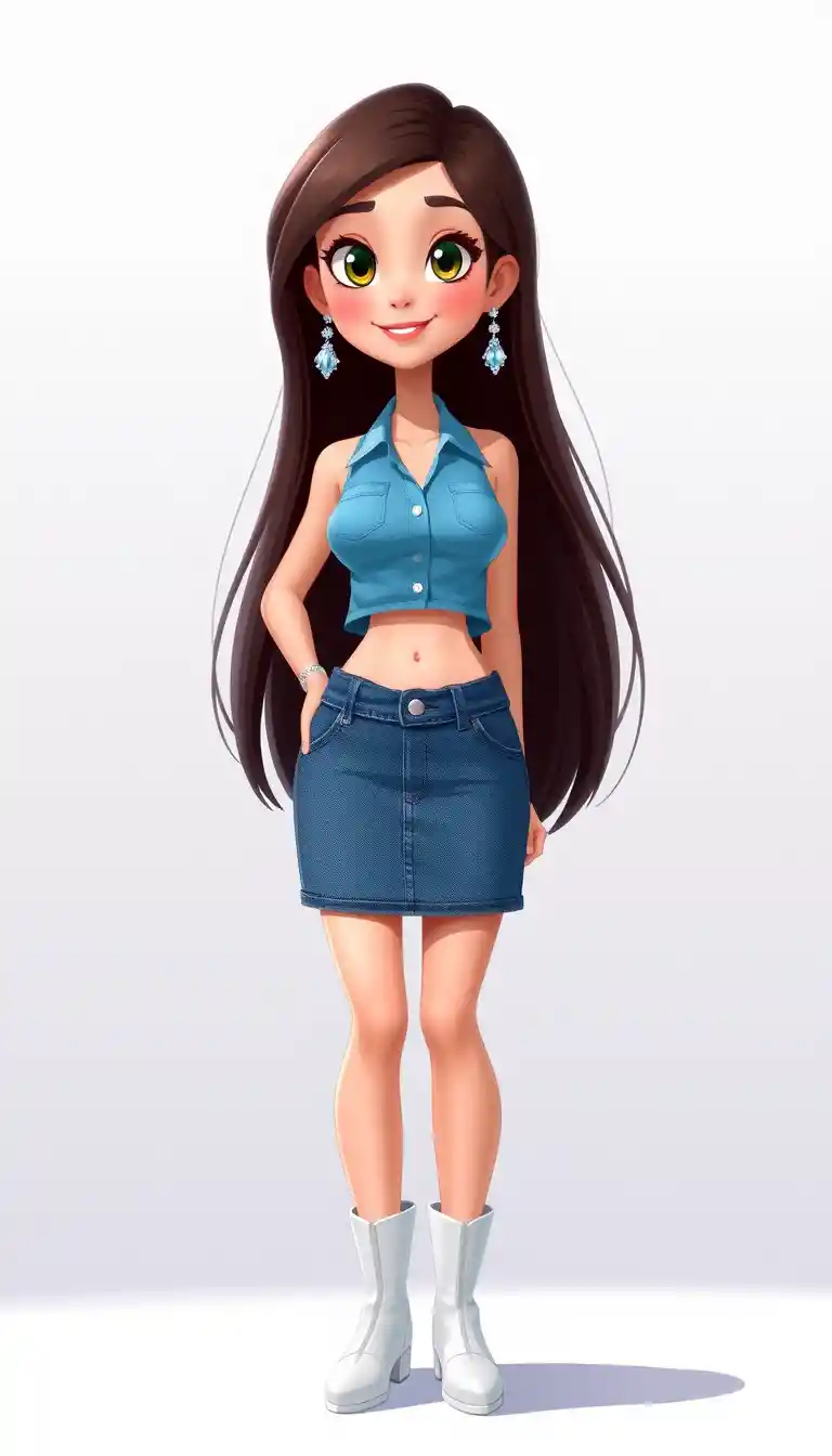 Stylish woman in blue denim skort and cropped blouse