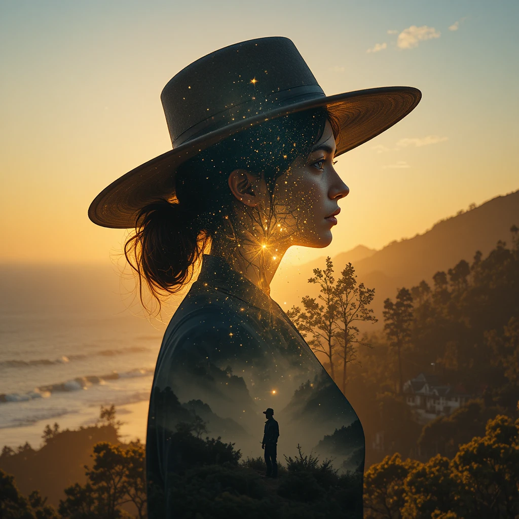 Cinematic double exposure woman in side profile silhouette