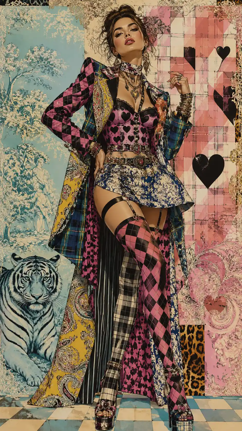 Stylish woman in eclectic layered couture fashion illustration