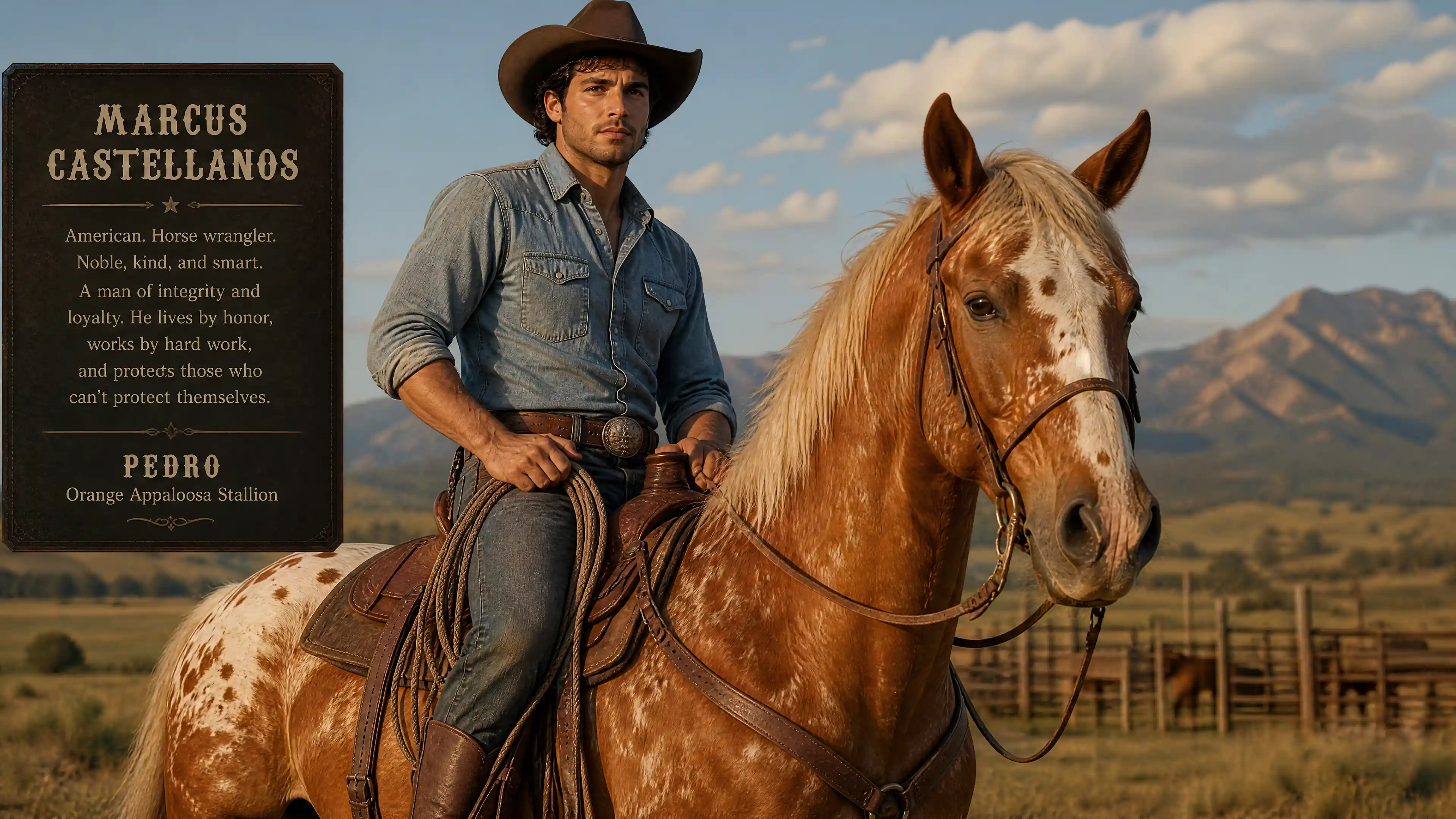 American cowboy riding an orange appaloosa horse stallion