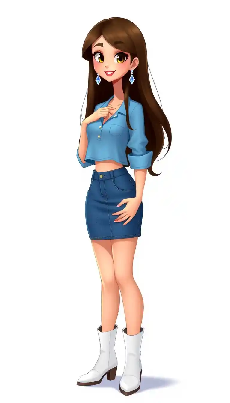 Playful brunette fashion woman in blue denim outfit