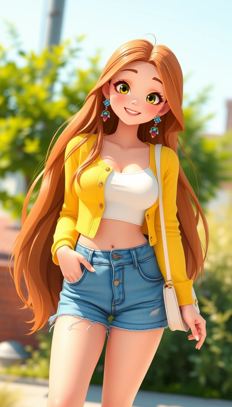 Donna sorridente con cardigan giallo che si gode una giornata di sole
