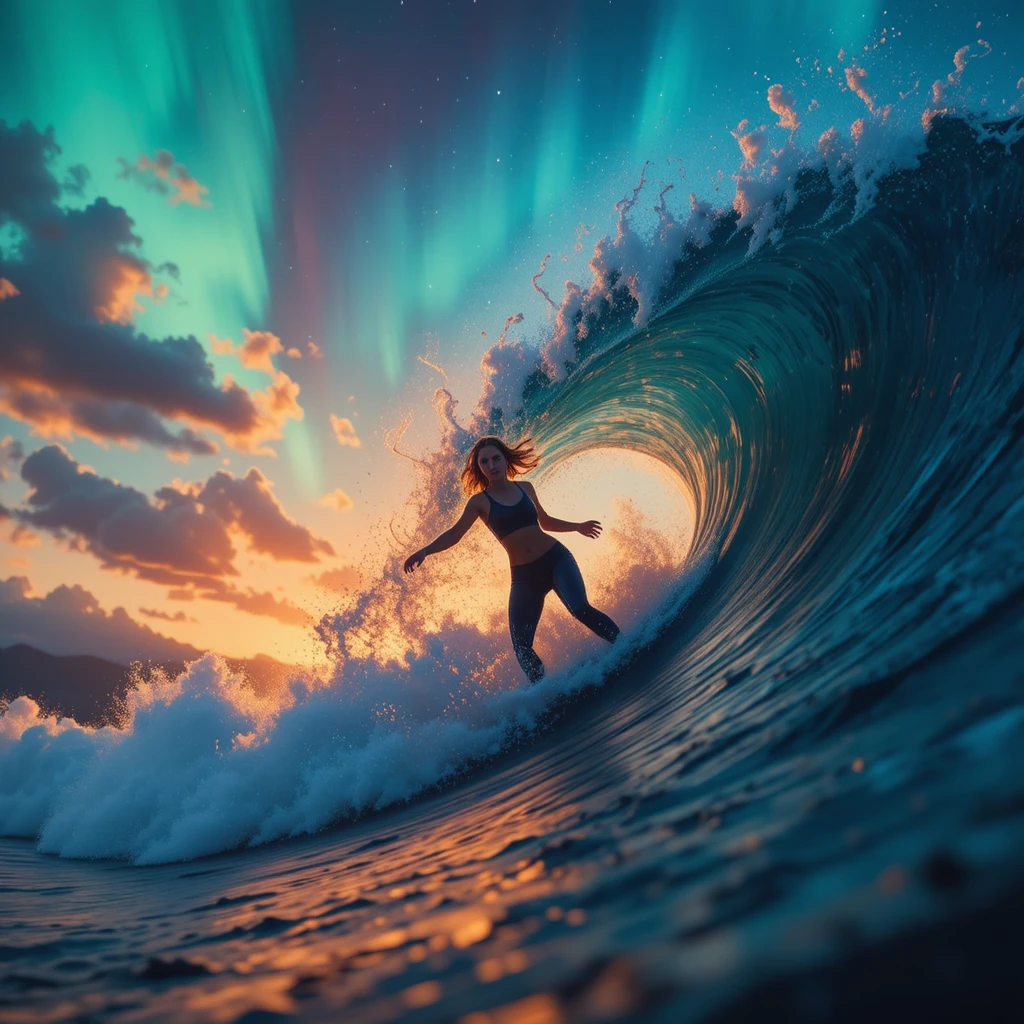 Female surfer silhouette against a giant aurora lit wave