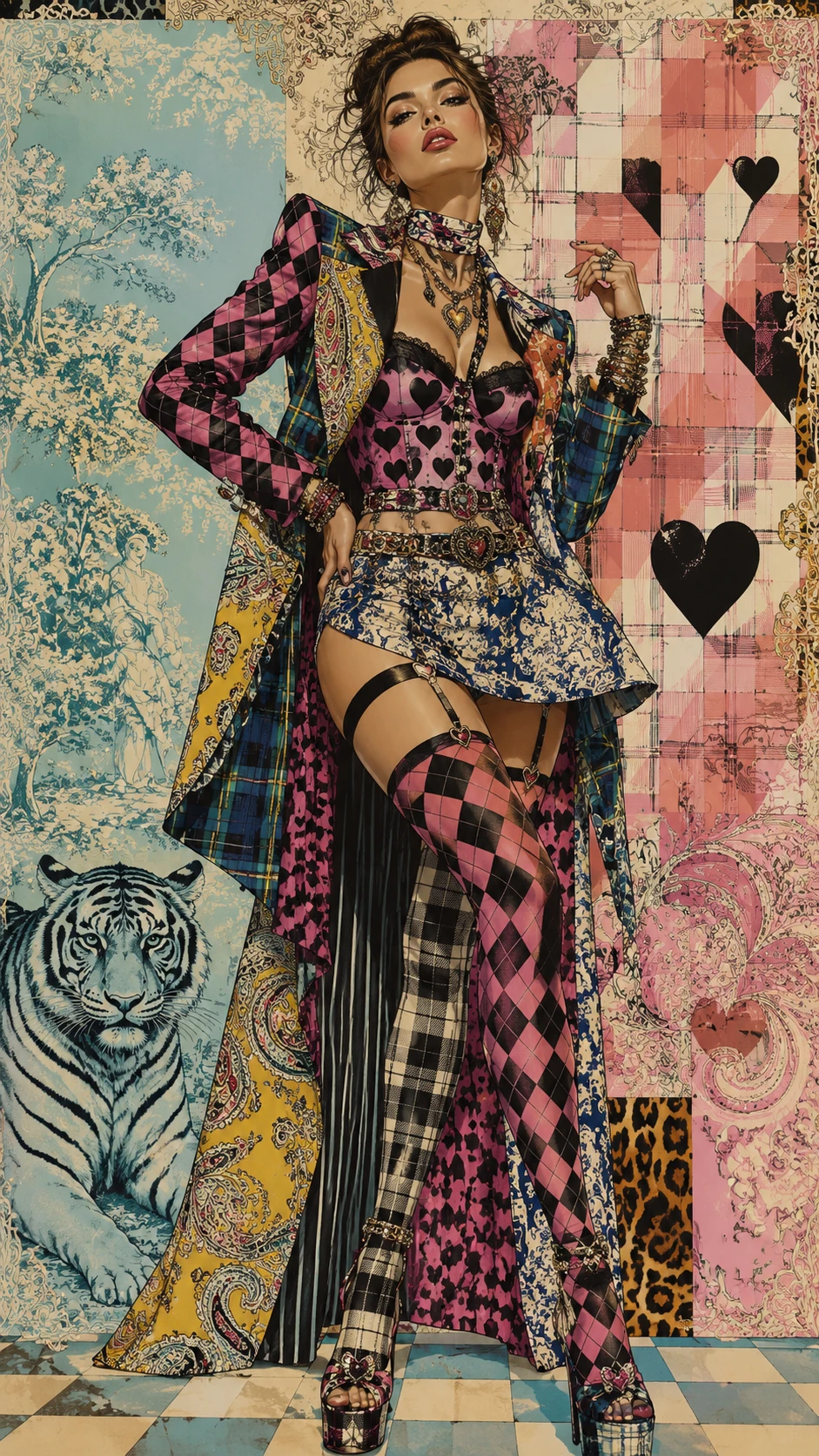 Stylish woman in eclectic layered couture fashion illustration