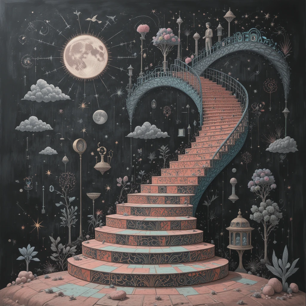 Endless spiral staircase in a surreal chalkboard dream