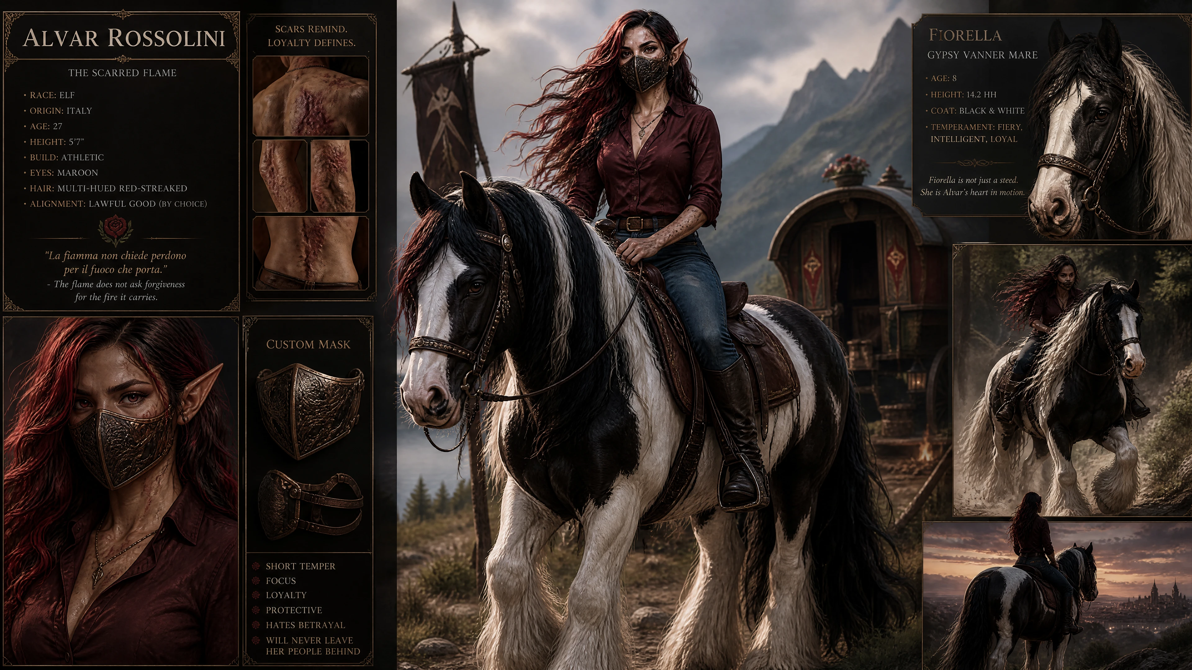 Scarred Italian elf woman riding a gypsy vanner mare