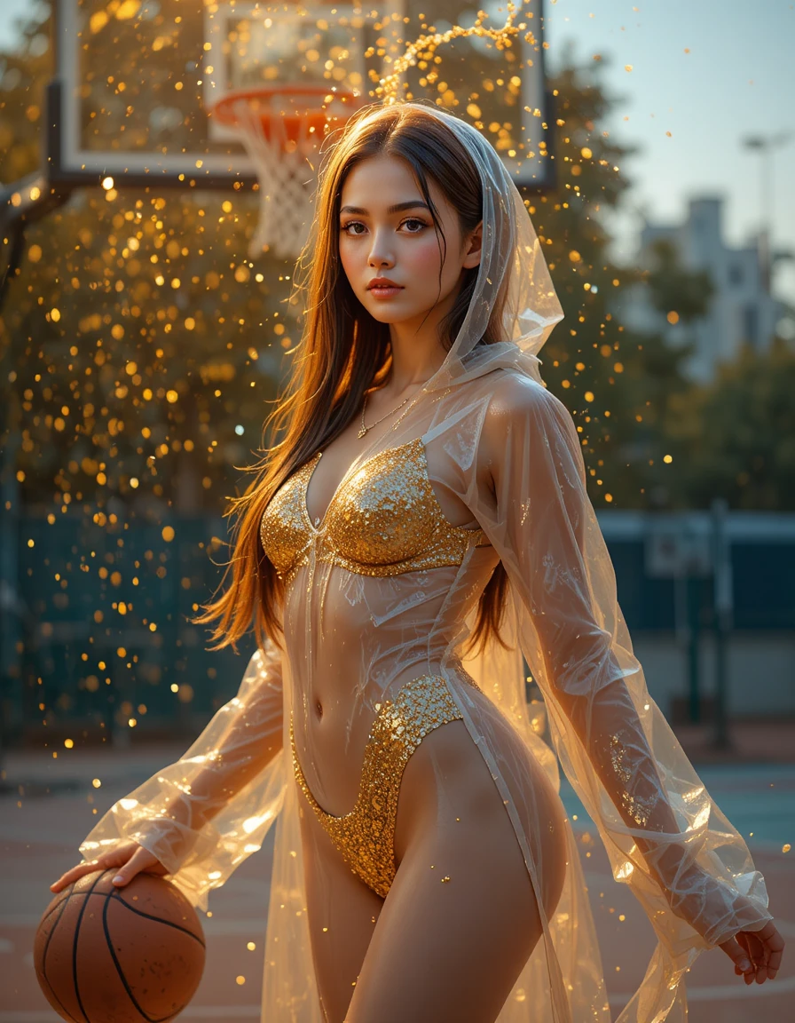 Confident young woman on an urban basketball court