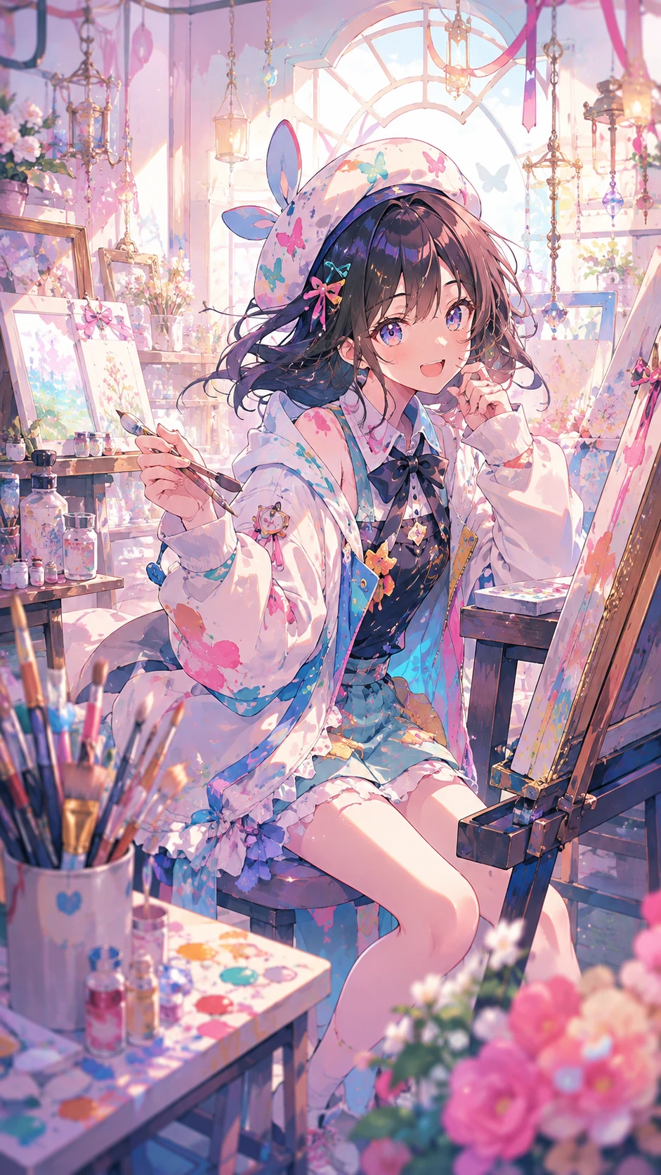 Charming anime girl in vibrant theatrical pastel illustration