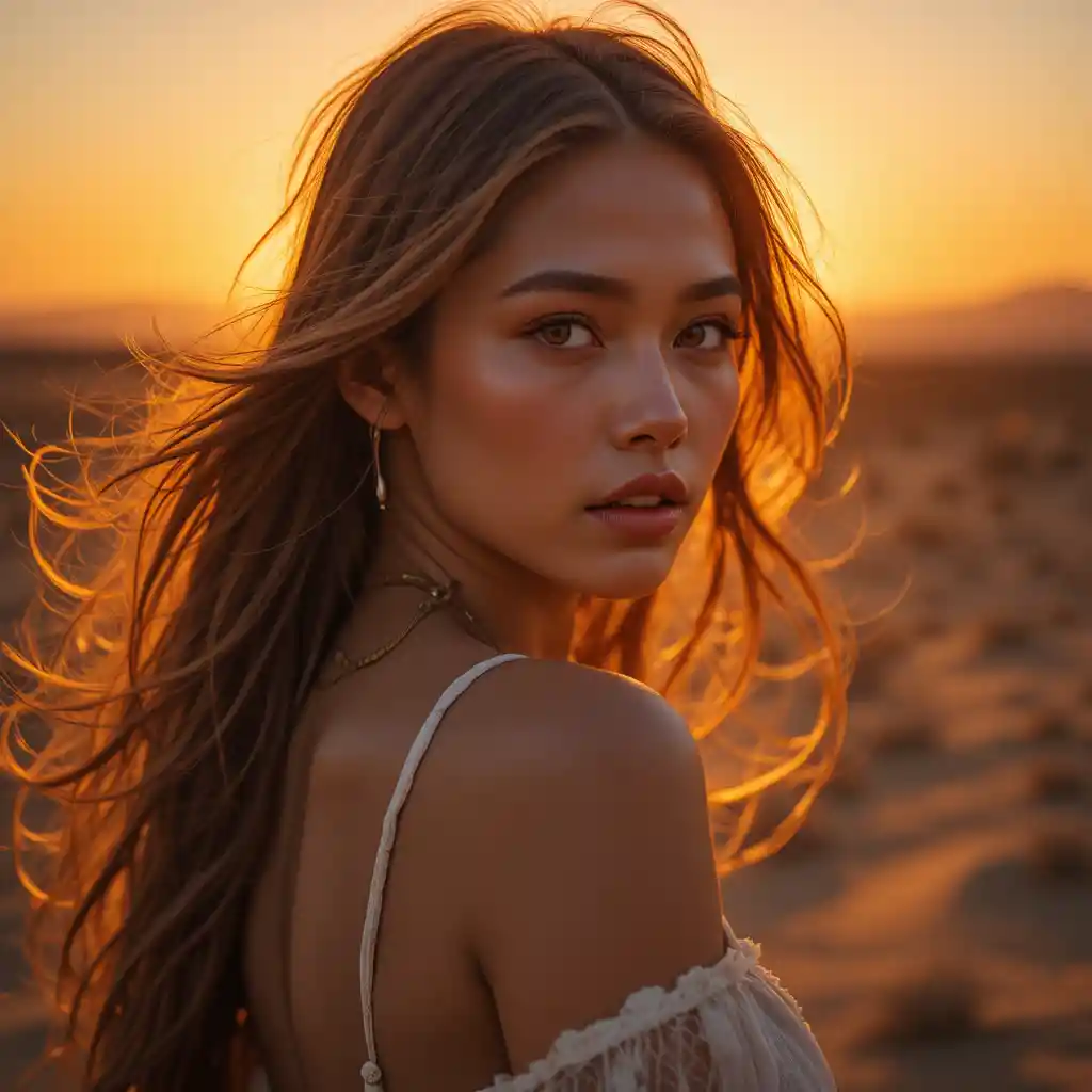 Cinematic close up of a woman at sunset desert horizon
