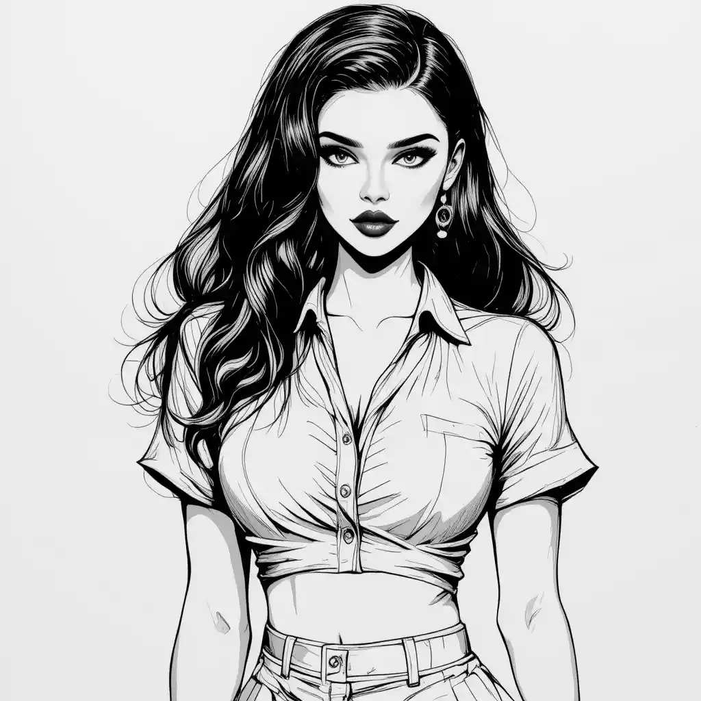Serene ink portrait of a confident young woman in line art