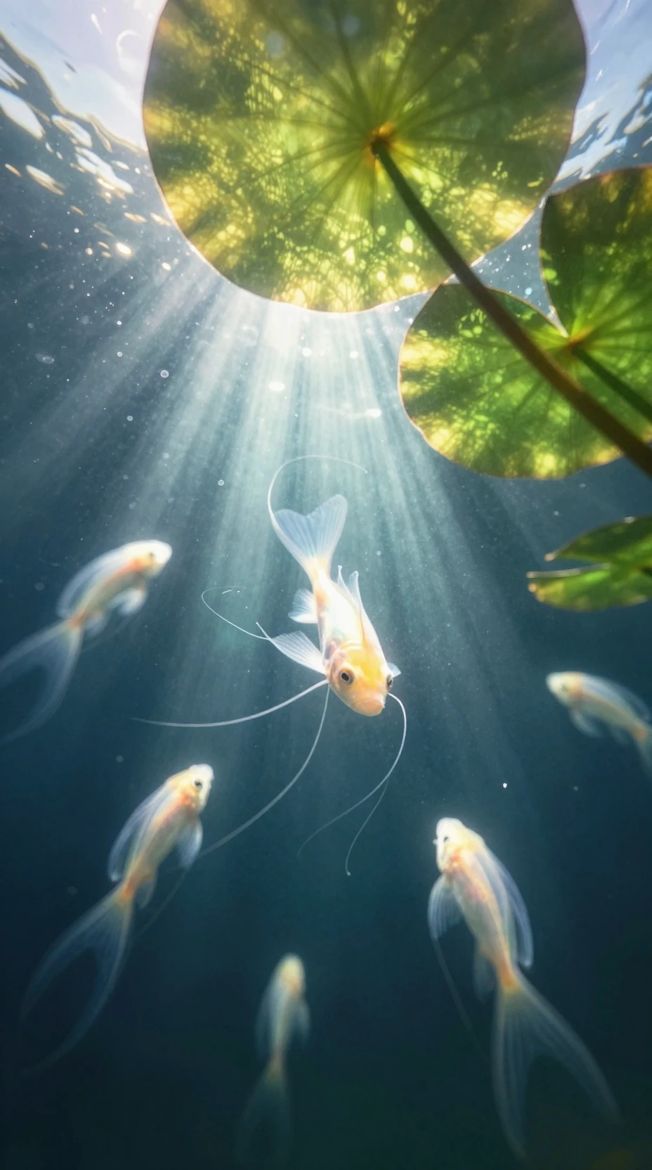 Underwater fish seen from below with glowing lily pads