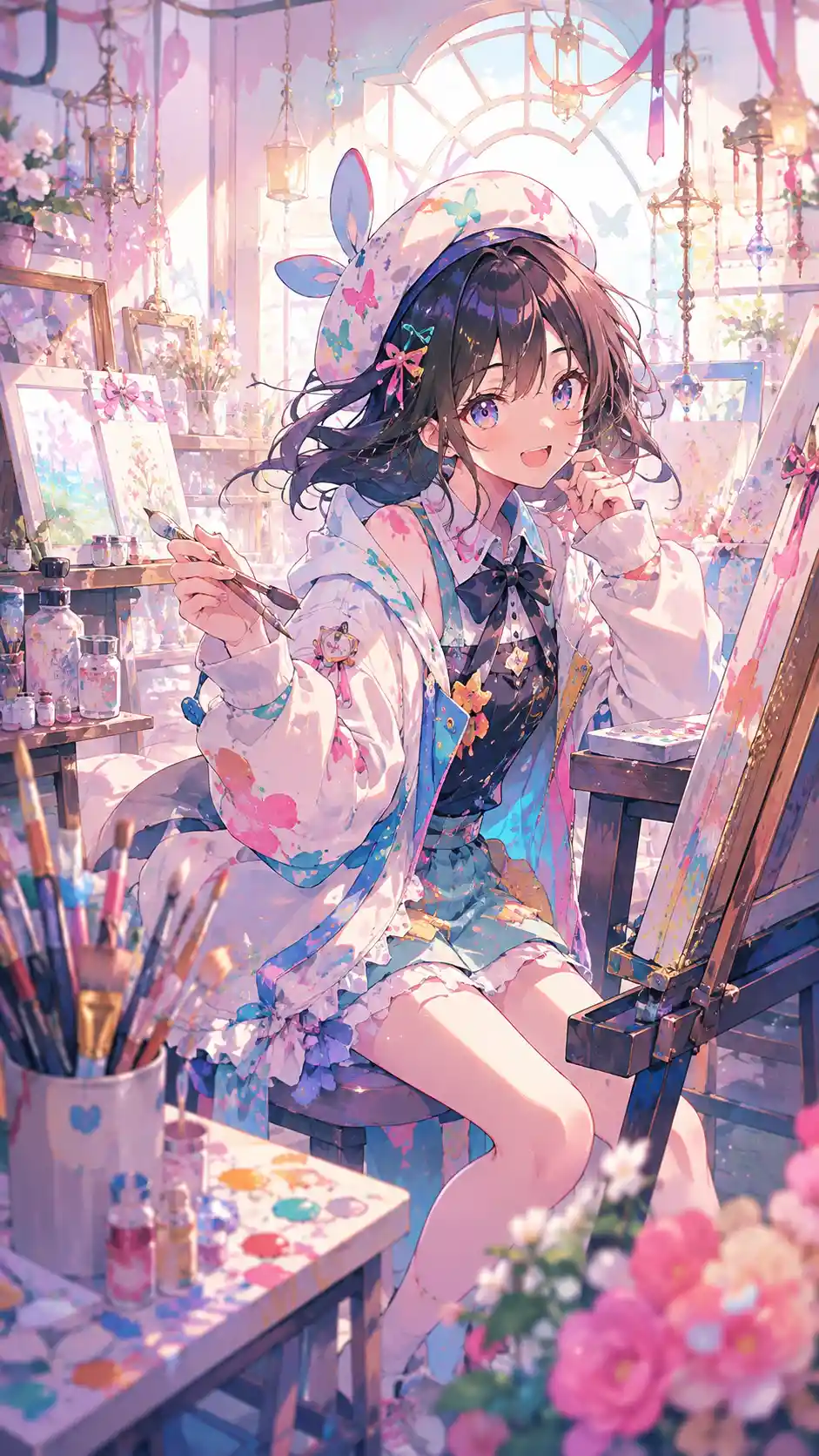 Affascinante ragazza anime in vivace illustrazione pastello teatrale