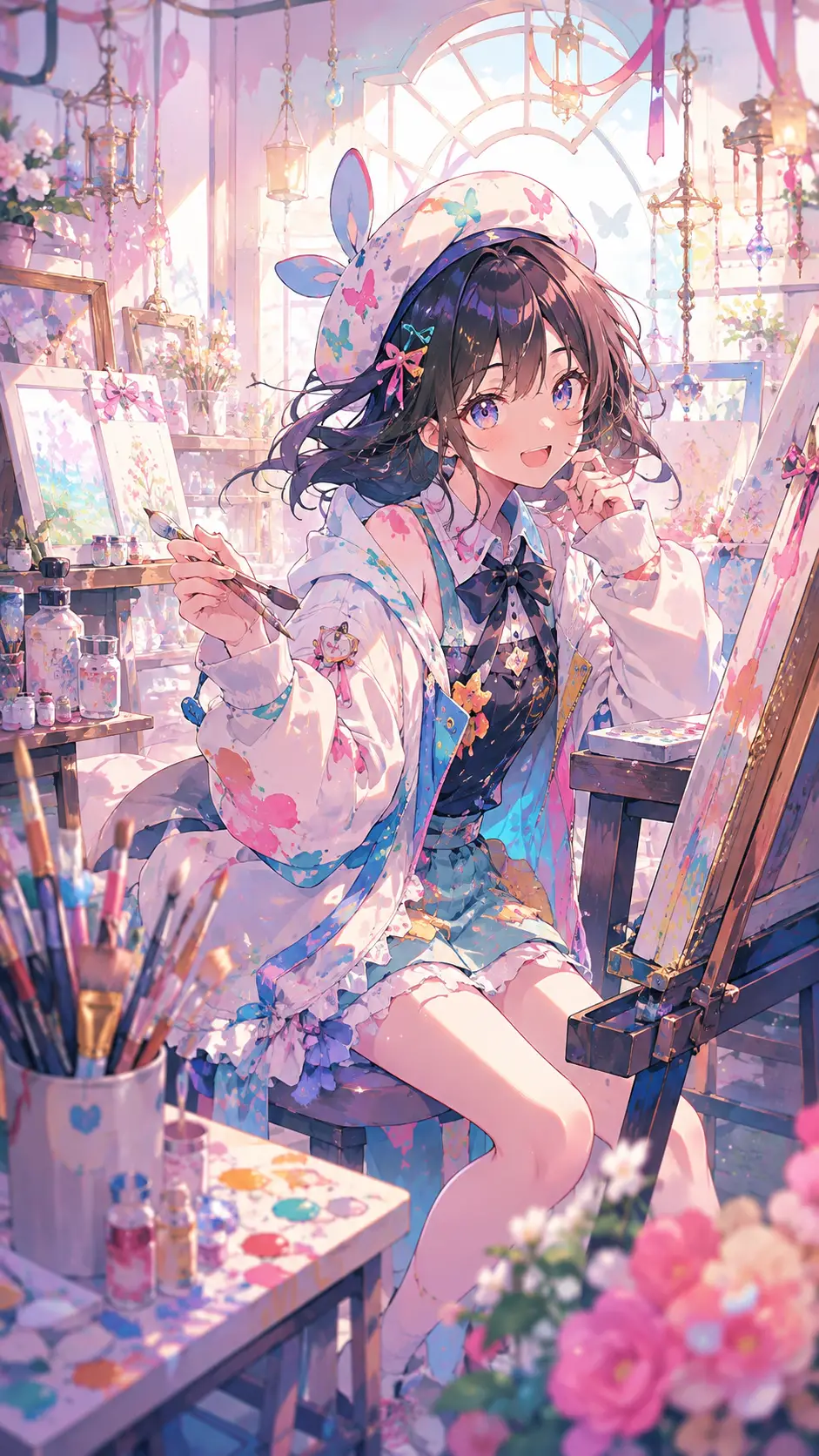 迷人動漫女孩的鮮豔劇場感粉彩插畫