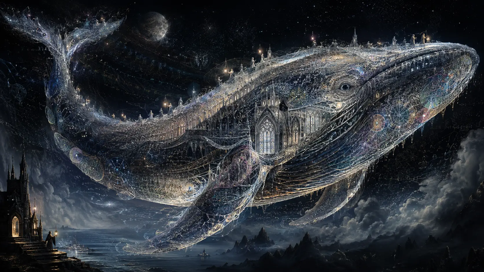 Balena celestiale formata da ampi tratti architettonici luminosi