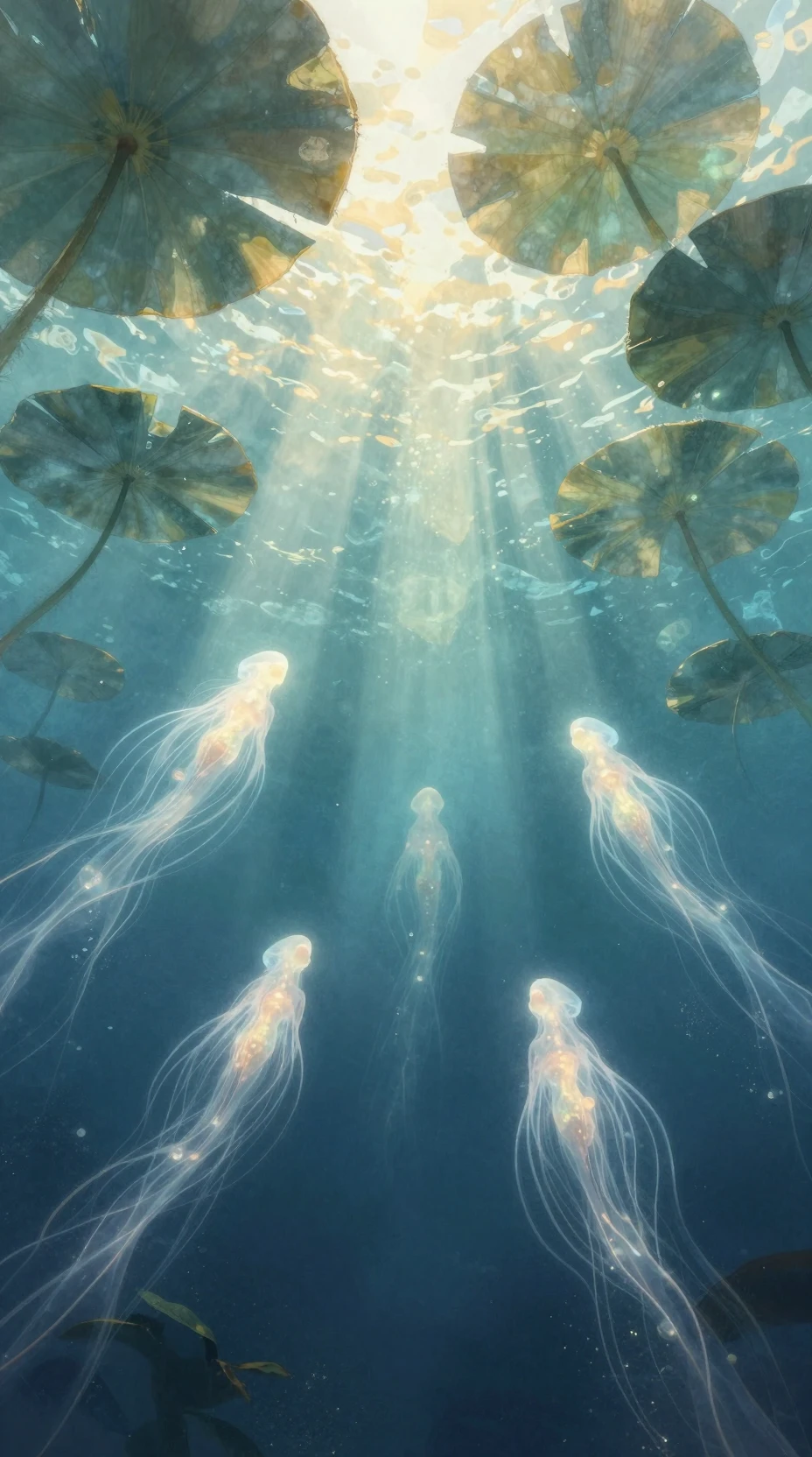 Underwater spirit beneath glowing lily pads and sunlight