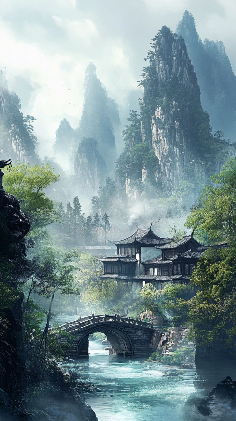 Serene Chinese monastery beside a misty mountain river